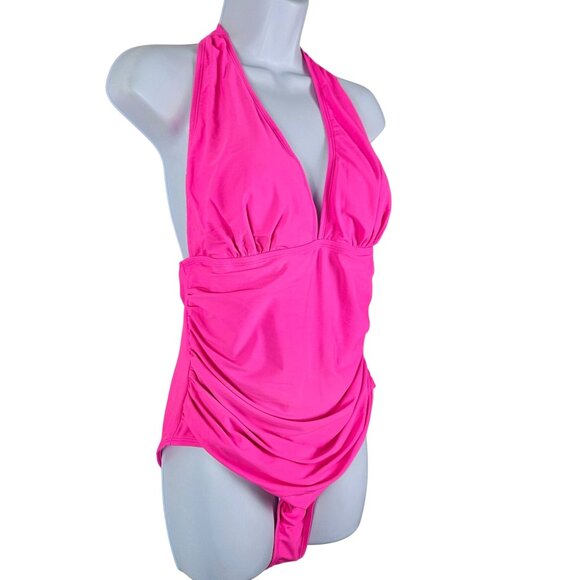 Aimage Womens XL Hot Pink Halter One-Piece Swimsuit Sexy Beach Ruched - Picture 6 of 11